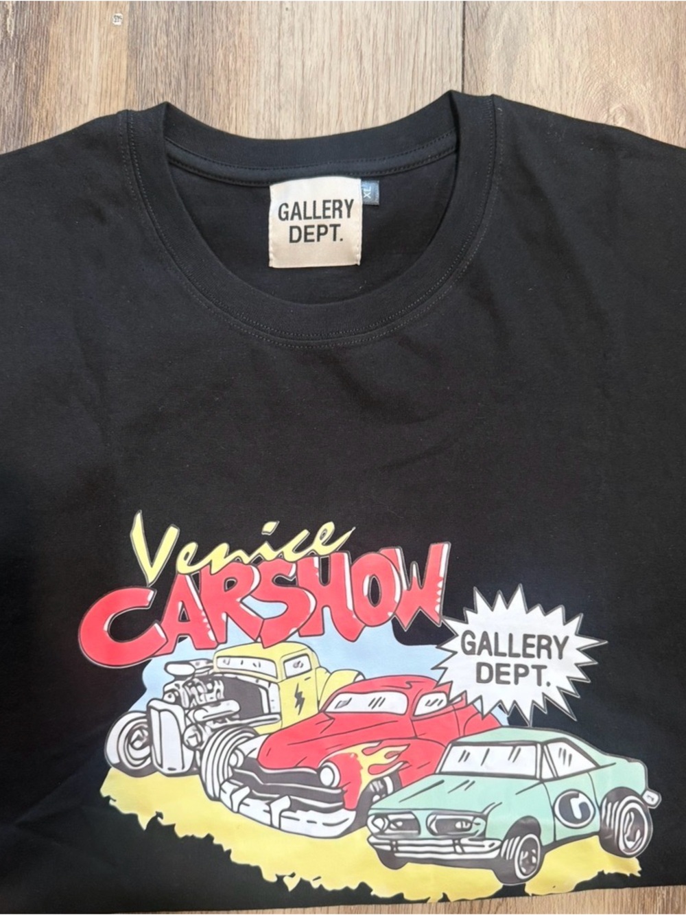 Gallery Dept Black Tee with Red, Yellow & Light Blue Car Graphic